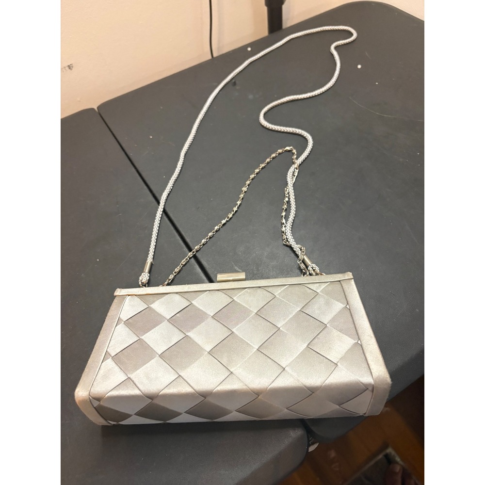 Kate Landry Silver Woven Satin Evening Clutch Bag Chain Strap Formal Wedding